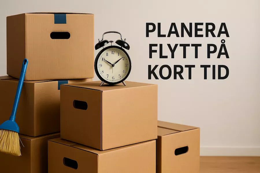Klocka och flyttkartonger packade snabbt inför flytt – planera flytt på kort tid